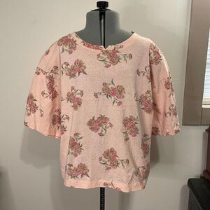 Vintage 80s Perennial Pink Floral Cotton Box T Shirt Size Large Made in USA